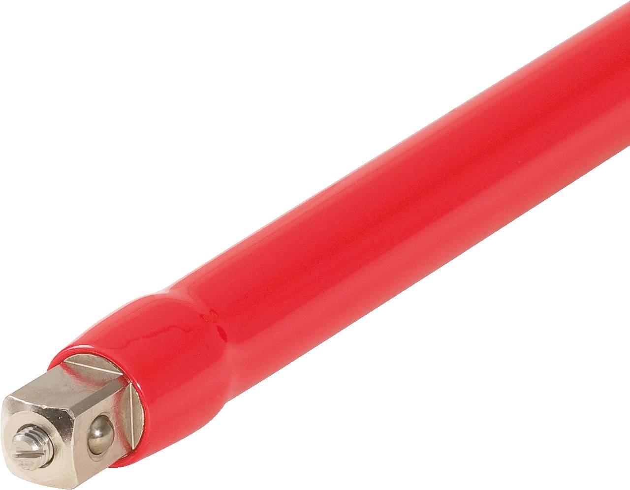 Roter Schraubenschlüssel-Verlängerungsstift mit Metallkopf, diagonal von rechts unten nach links oben fotografiert.