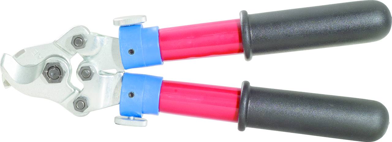 Kabelschneider mit zwei roten Griffen und blau-silbernem Schneidkopf. Geeignet zum präzisen Schneiden von dicken Kabeln.