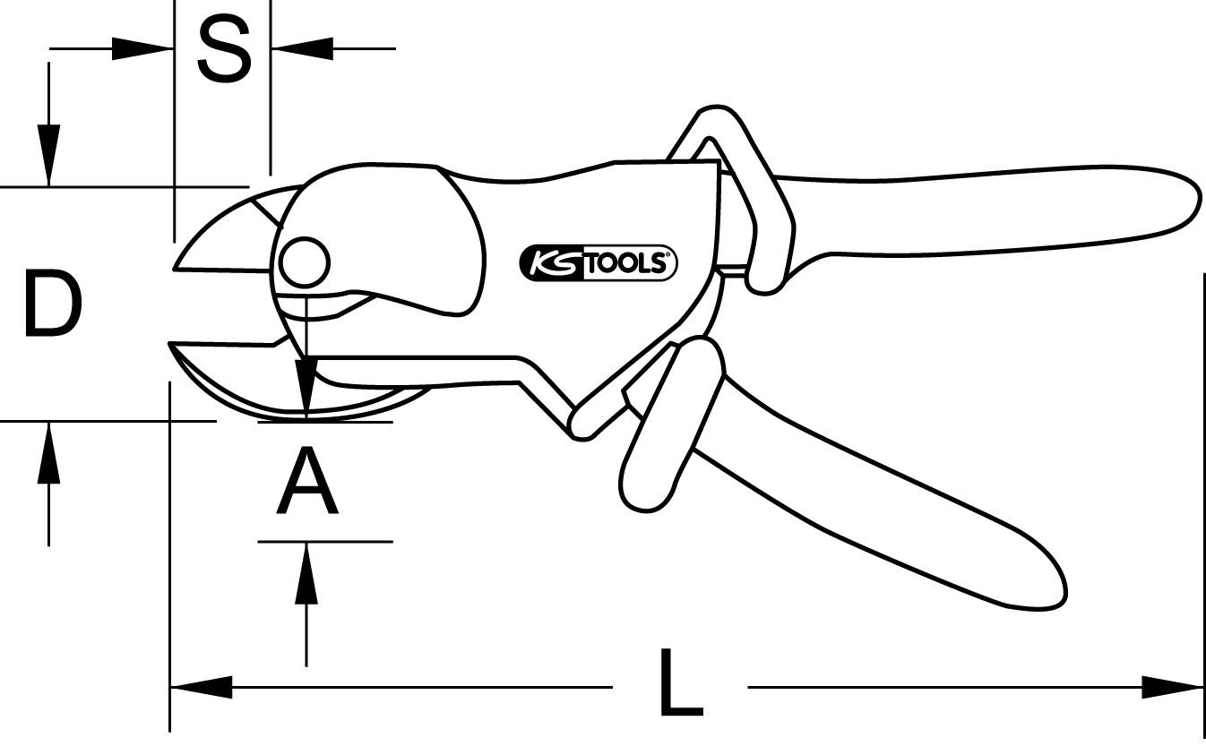 Technische Zeichnung einer Drahtschere mit Griffen. Maße sind: Länge (L), Durchmesser (D), Schnittdicke (S), Öffnung (A).