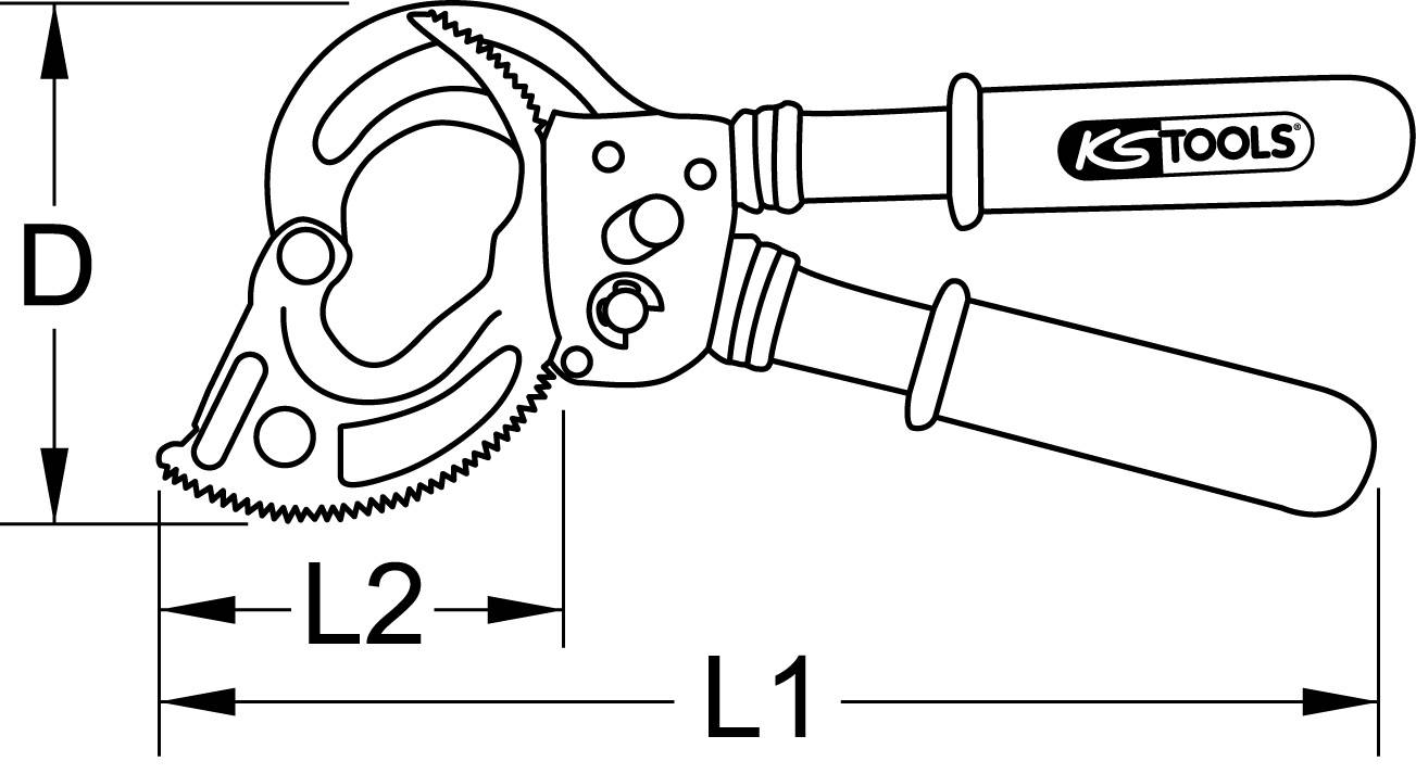 Liniendiagramm einer Ratschenrohrzange der Marke 'KS Tools' mit Maßen L1, L2 und D. Hauptkomponenten und Abmessungen hervorgehoben.