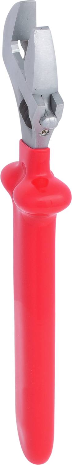 Rote Rohrzange mit Metallkopf und langem Griff, geeignet für Installations- und Klempnerarbeiten.