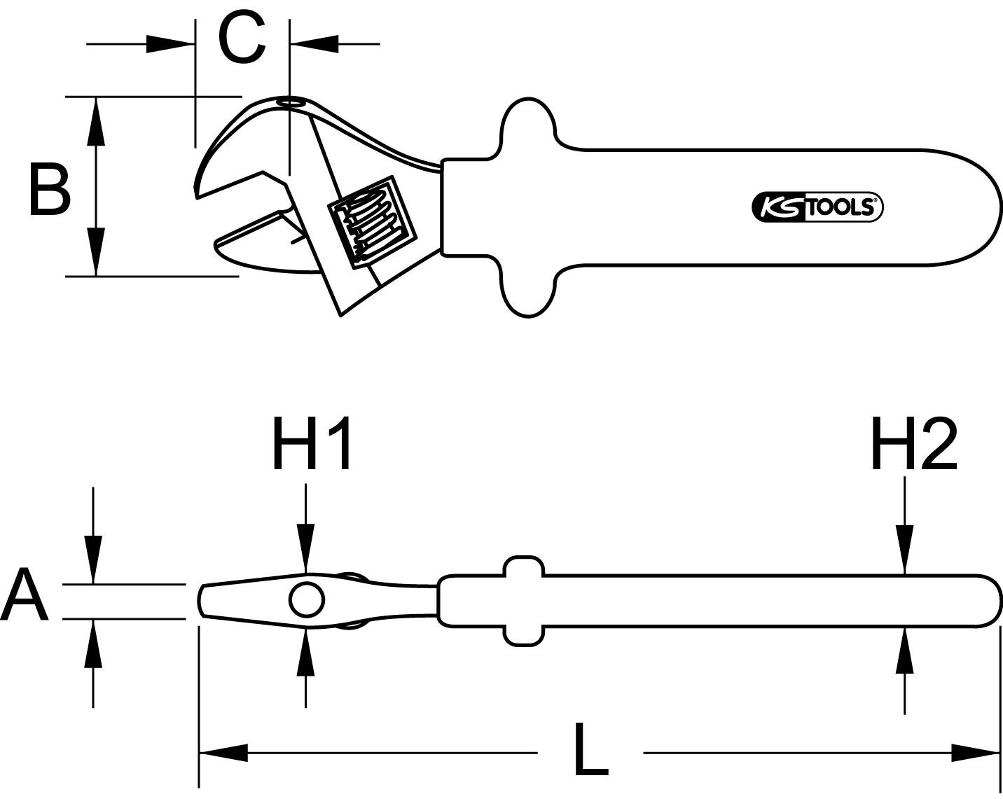 Darstellung eines verstellbaren Schraubenschlüssels mit den Maßen A, B, C, H1, H2, und L. Die Ansicht zeigt Seiten- und Draufsicht.
