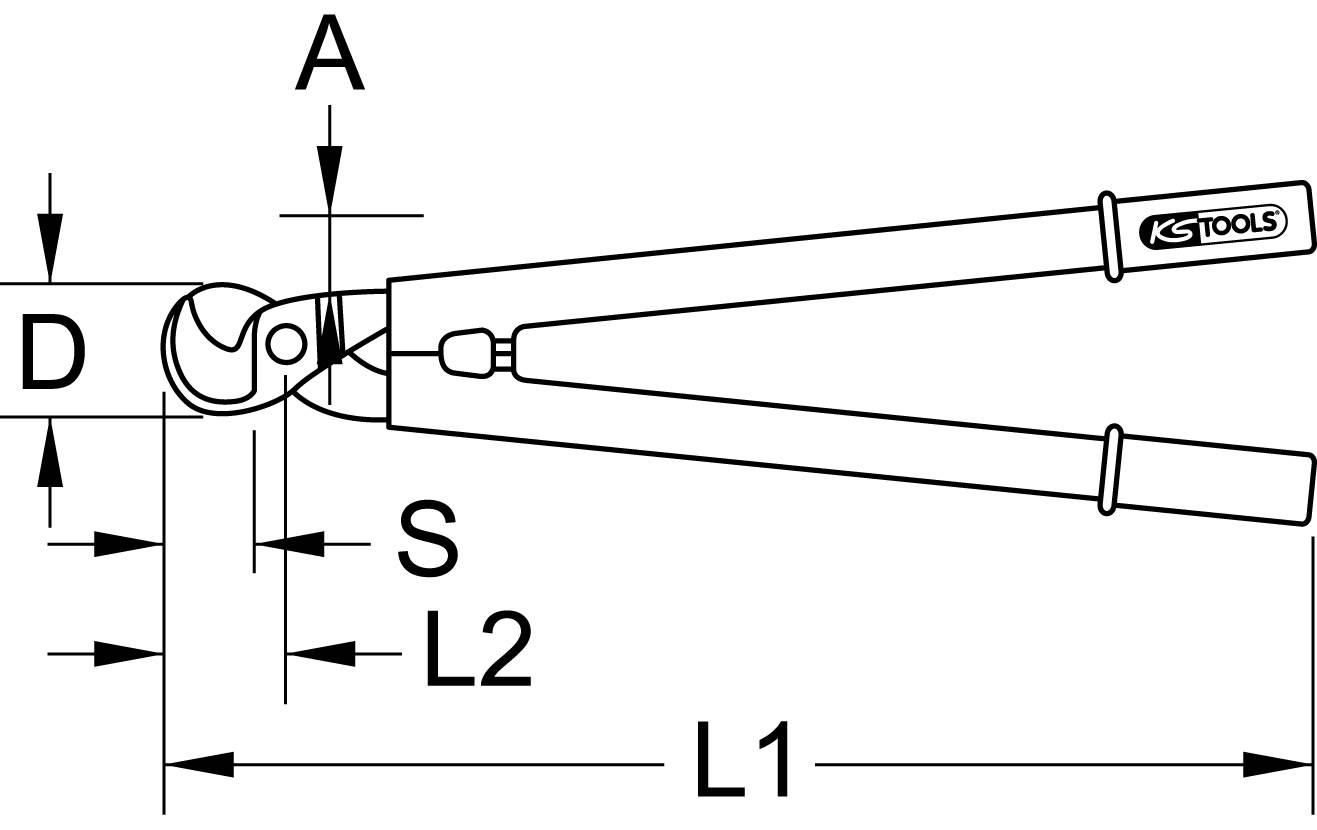 Diagramm eines Kabelschneiders mit den markierten Maßen A, D, S, L2 und L1. Zeigt Werkzeugstruktur und Maßangaben zur Größenbestimmung.