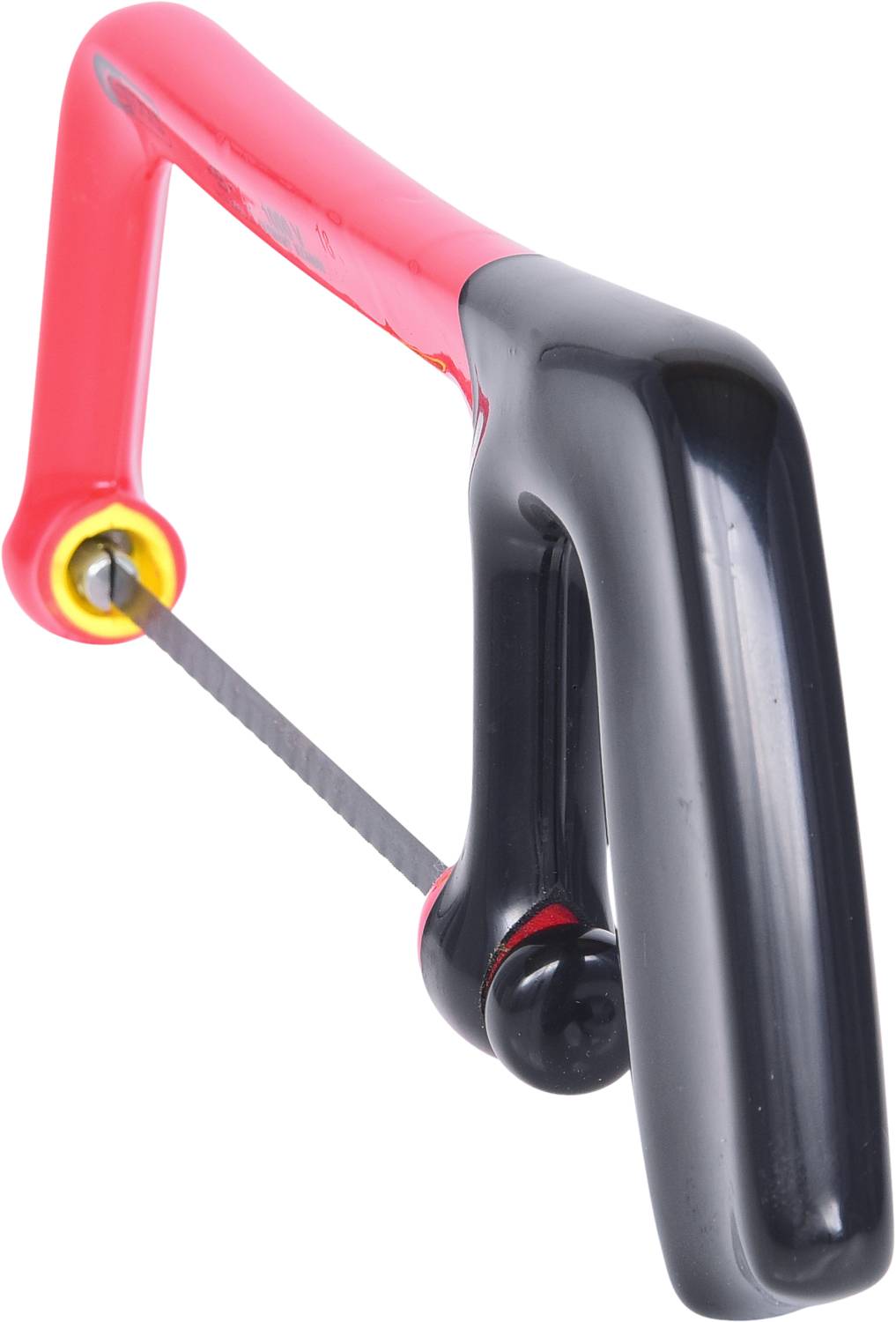 Eine kleine Bügelsäge mit rotem Griff und schwarzem Rahmen, geeignet für handwerkliche Arbeiten.