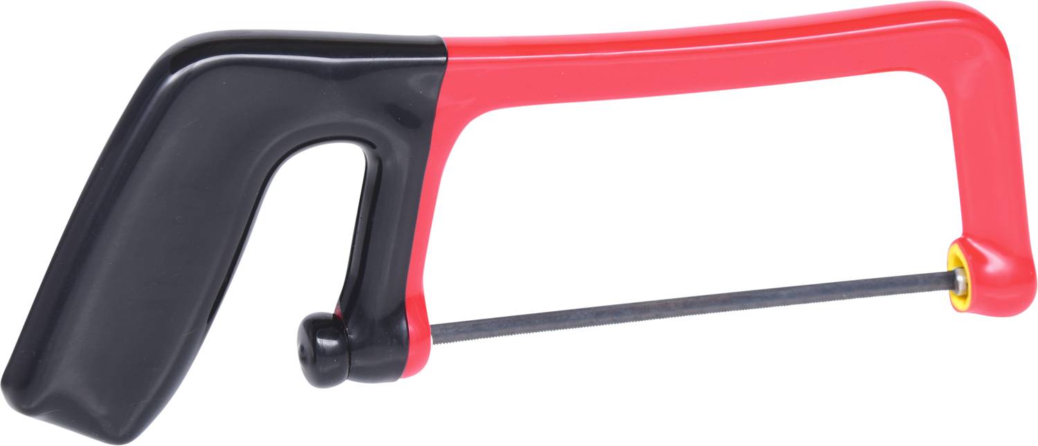 Metallsäge mit ergonomischem Griff und rotem Rahmen, geeignet zum Schneiden von Metallstäben und Rohren.