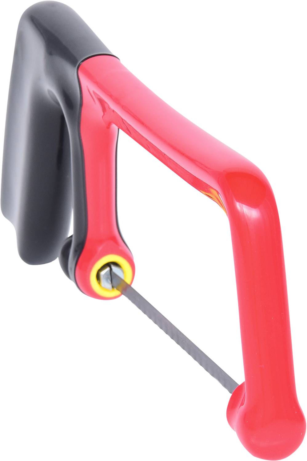 Rote, kleine Bügelsäge mit schwarzem Griff, geeignet für feine Sägearbeiten.