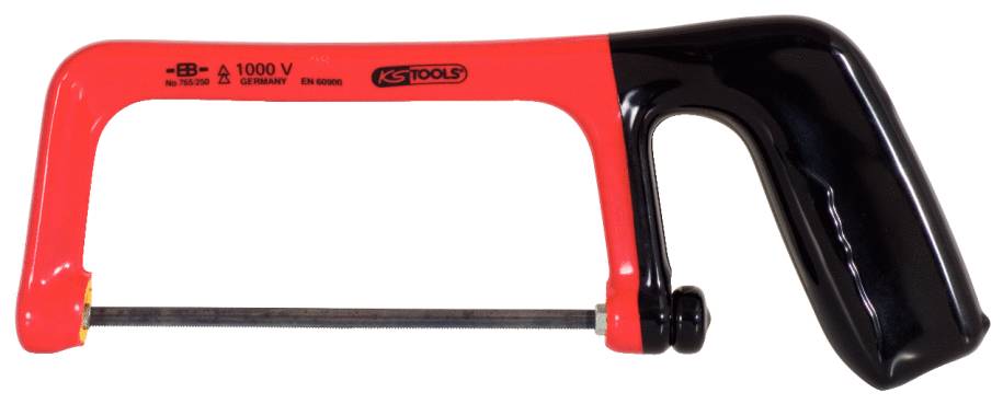 Rote und schwarze Bügelsäge mit Kuststoffgriff, markiert für Sicherheit bis 1000V.
