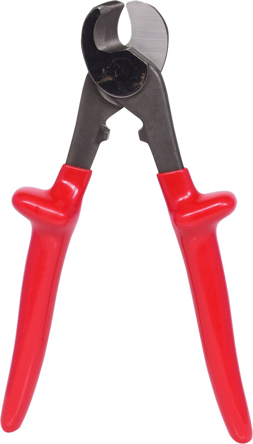 Eine Kabelschere mit roten Griffen, geeignet zum Schneiden von elektrischen Kabeln.