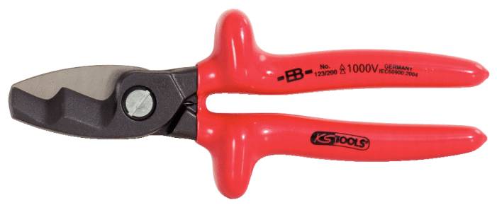 Rote Kabelschneiderzange mit Isoliergriffen, geeignet für Arbeiten unter Spannung bis 1000V. Metallische Schneideflächen.