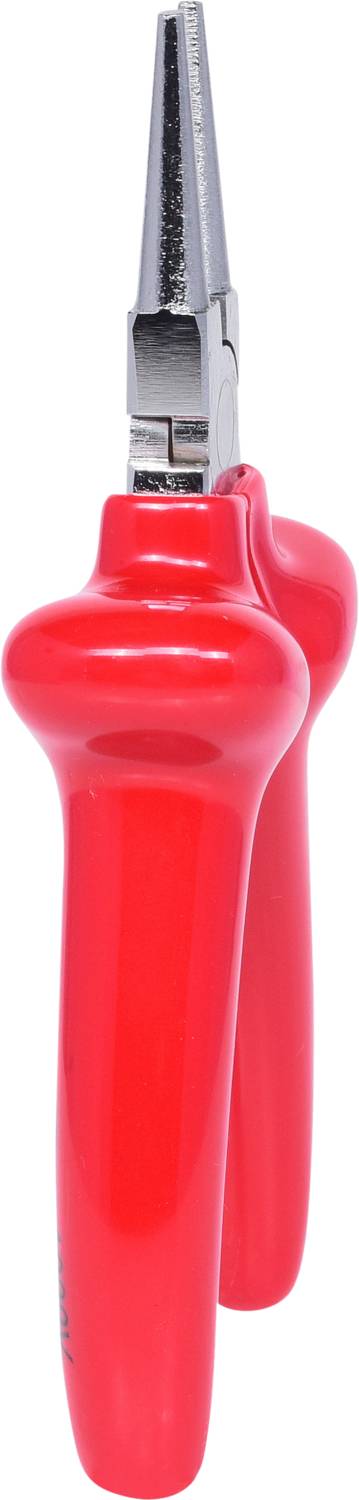 Rote Zange mit isolierten Griffen und schmalen, spitzen Backen, geeignet für präzise Elektroarbeiten.