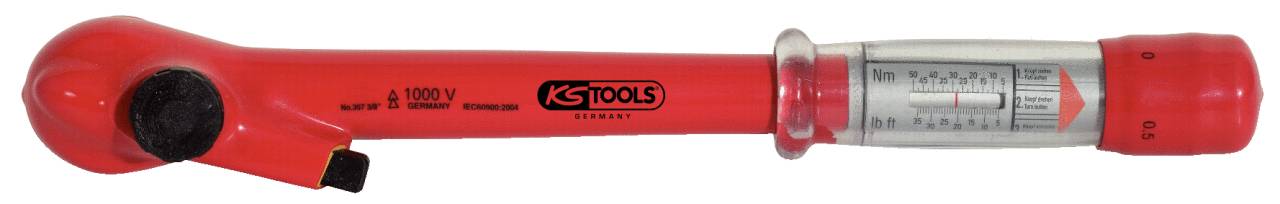 Roter Drehmomentschlüssel mit 'KS Tools'-Logo und Messskala. Geeignet für Spannungen bis 1000 V.