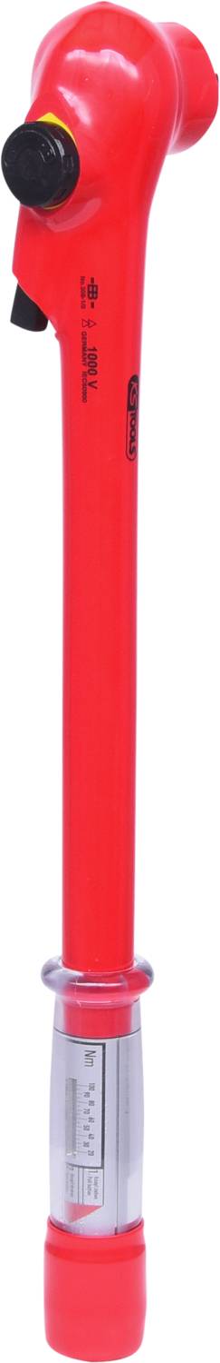 Ein rotes, verstellbares Handwerkzeug, ähnlich einem Drehmomentschlüssel, mit metallischem Griff und schwarzem Einstellelement oben.