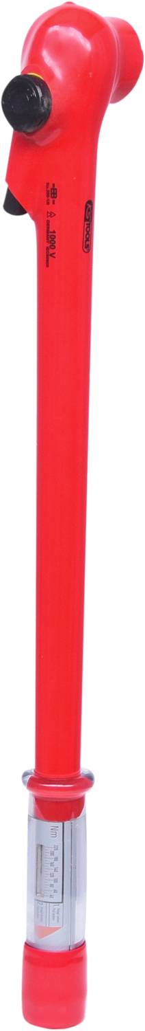 Roter Drehmomentschlüssel mit Skala und Griff, für präzises Anziehen von Schrauben und Muttern in mechanischen Anwendungen.