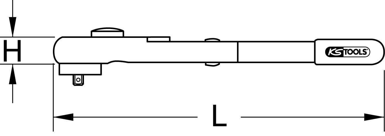 Abbildung eines Werkzeugs mit dem Logo 'KS Tools'. Es zeigt die Höhe (H) und Länge (L) des Werkzeugs, wie in einem technischen Diagramm.