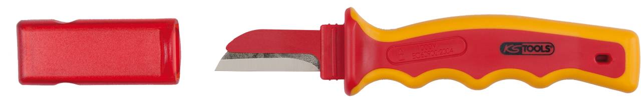 Elektriker-Messer mit gelb-rotem Griff, isolierter Klinge, Kunststoffhülle. Ideal für Arbeiten an elektrischen Leitungen.