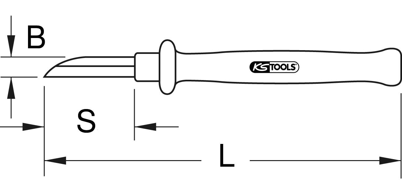 'Skalpell mit Kunststoffgriff.' Ein Skalpell, beschriftet mit 'KS Tools', zeigt die Klingenlänge (L), Schaftlänge (S) und Klingenhöhe (B).