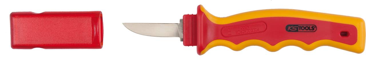 'Kabelabisoliermesser von KNIPEX' mit rotem Griff und gelber Halterung. Die abgerundete Klinge zeigt nach links, neben einer passenden roten Schutzkappe.