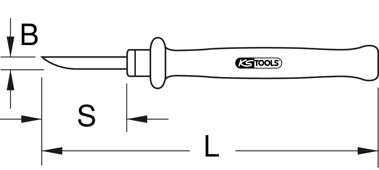 Schwarz-weiße technische Zeichnung eines Messers mit Messungen B, S und L markiert, mit der Aufschrift 'KS Tools' auf dem Griff.
