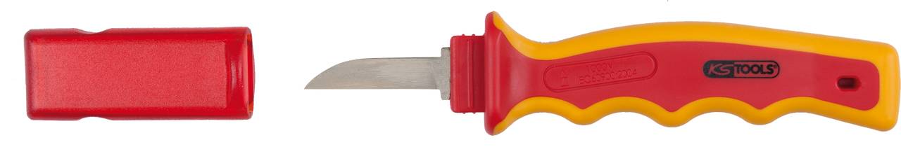 Isolierter Elektromesser mit rotem und gelbem Griff und einer abnehmbaren Schutzkappe, geeignet für Arbeiten an elektrischen Anlagen.