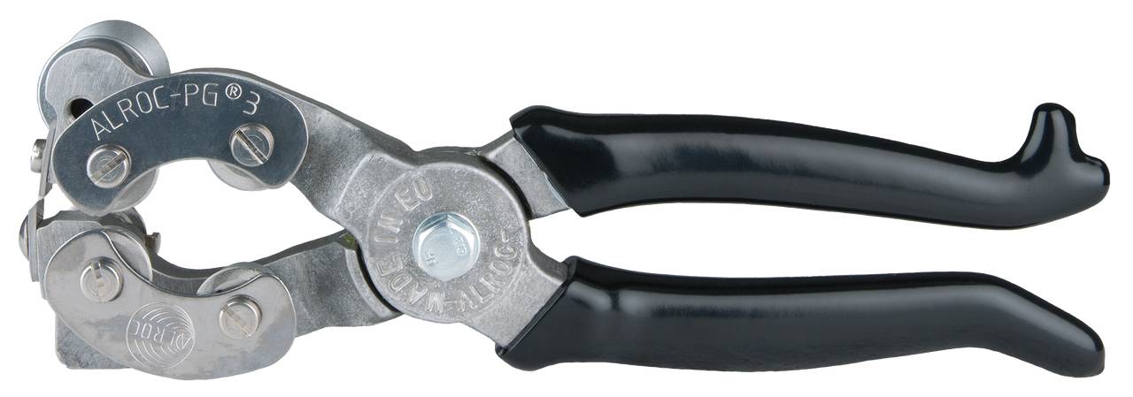 Silbernes Werkzeug zum Entfernen von Isolierungen an Kabeln, mit schwarzen Griffen und verstellbaren Schneideklingen.