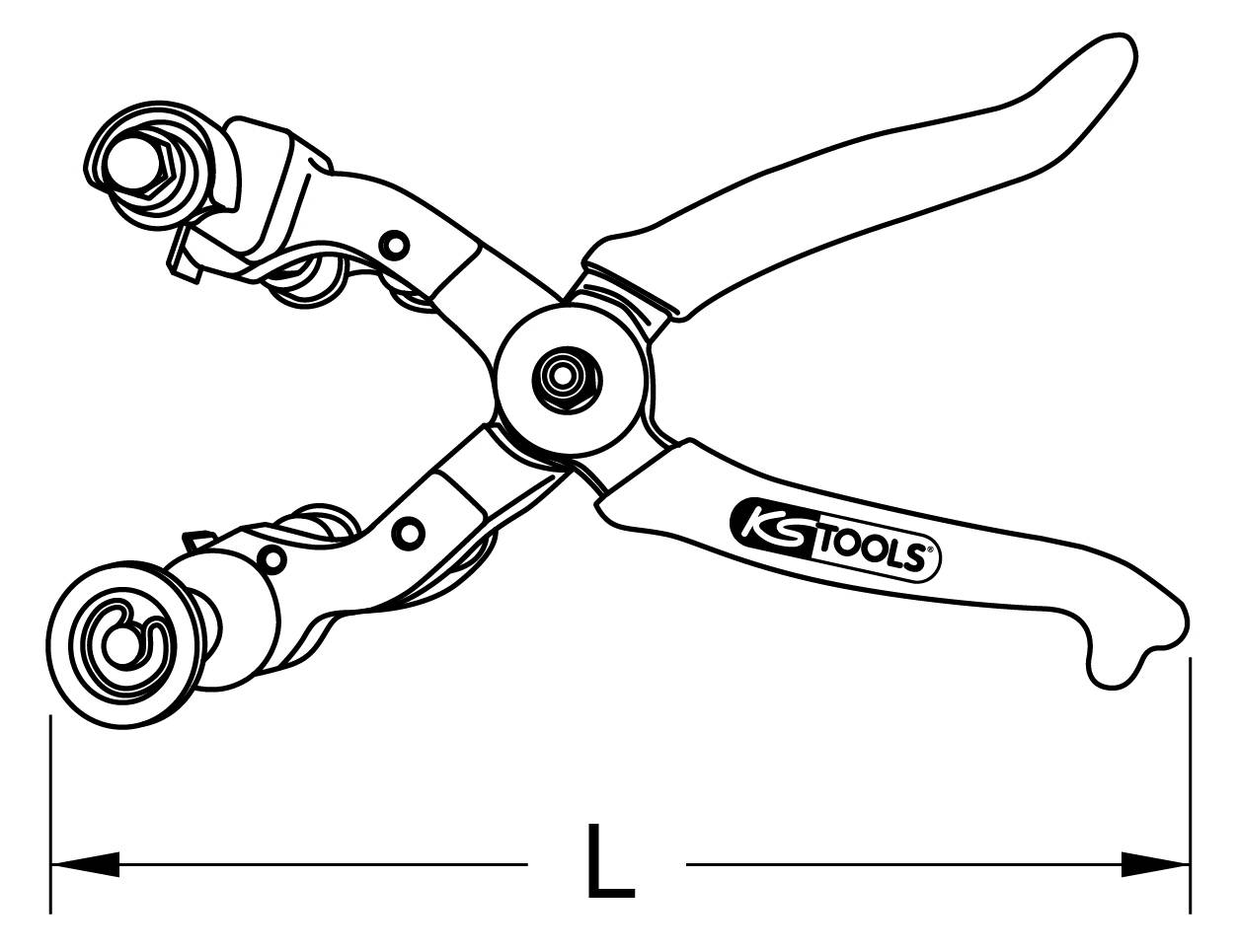 Zange mit zwei beweglichen Backen und langem Griff; dient zum Greifen und Halten, Darstellung enthält Maßangaben zur Länge.