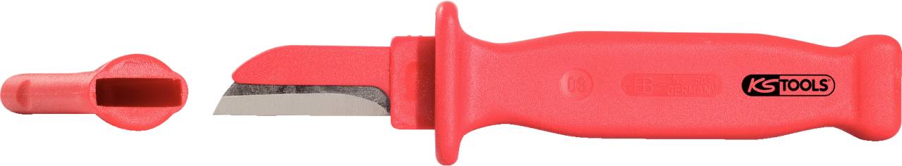 Ein rotes Abisoliermesser mit abnehmbarem Klingenschutz und ergonomischem Griff, geeignet für sicheres Abisolieren von Kabeln.