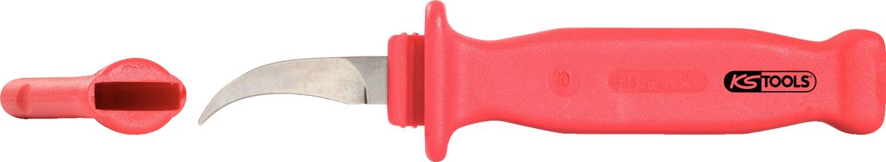 Ein rotes Entmantelungsmesser mit Schutzkappe, geeignet für präzises Abisolieren von Kabeln. Links neben der Klinge liegt die Kappe.