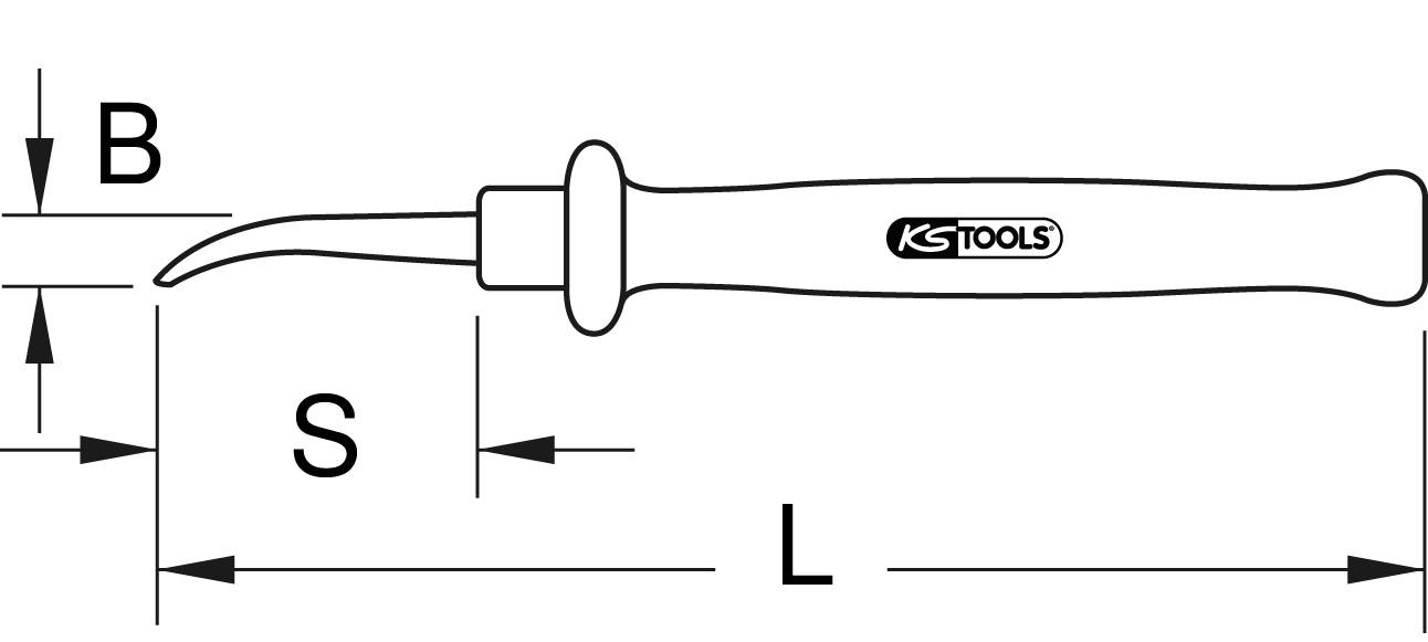 Illustration eines Werkzeugs mit einem gebogenen Ende. Die Maße B, S und L sind angegeben. Griff mit 'KS Tools'-Logo.