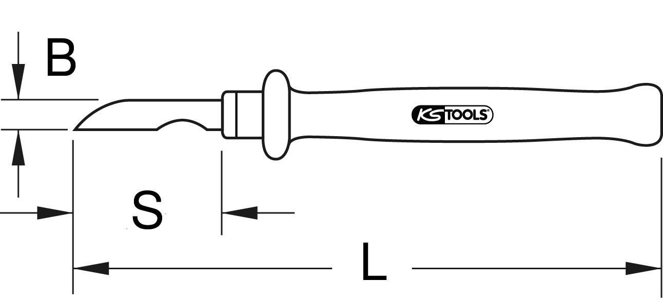 Abbildung eines Werkzeugs mit Messlinien. Hauptmerkmale sind Länge (L), Breite (B), und Abstand (S). Das Werkzeug hat einen schmalen, gebogenen Kopf.