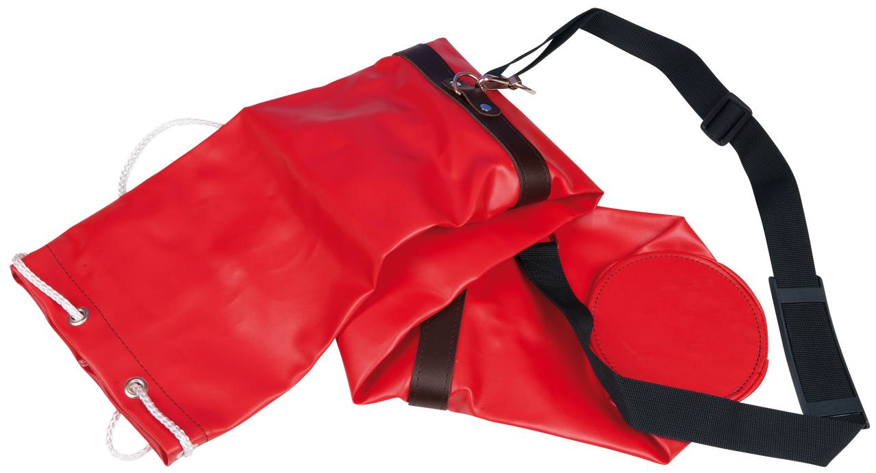 Rotes, aufblasbares Sicherheitsgerät mit schwarzem Gurtband und Seilen an den Enden, dient als Rettungshilfe im Wasser.