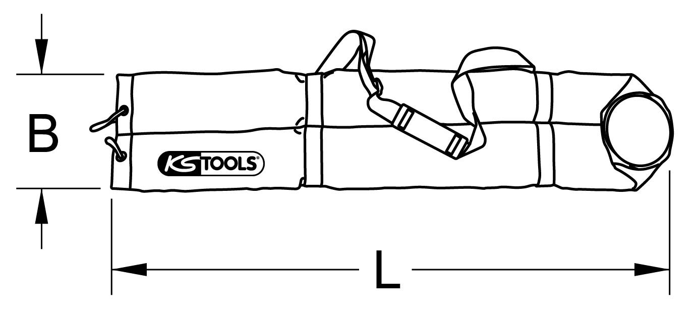 Werkzeugtasche von KS Tools mit verstellbarem Schulterriemen. Länge (L) und Breite (B) angegeben.