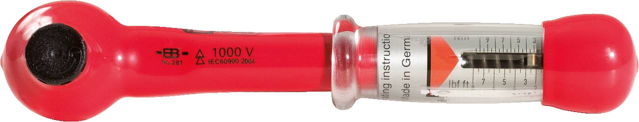 Roter Spannungsprüfer mit Skala, geformt wie ein Schraubendrehergriff. Markierung zeigt '1000 V'. Geprüfte Spannung bis 1000 Volt.