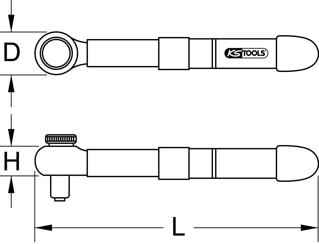 Diagramm eines Ratschenwerkzeugs mit abgewinkeltem Kopf. Teile sind als D für Durchmesser, H für Höhe und L für Länge markiert.