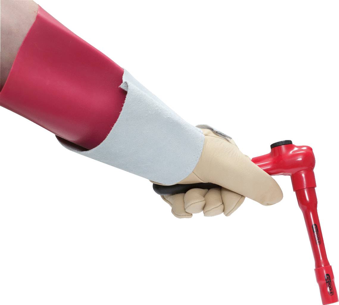 Ein Arm trägt einen roten Schoner und greift einen roten Hammer, der von einer Person in einem Latexhandschuh gehalten wird.