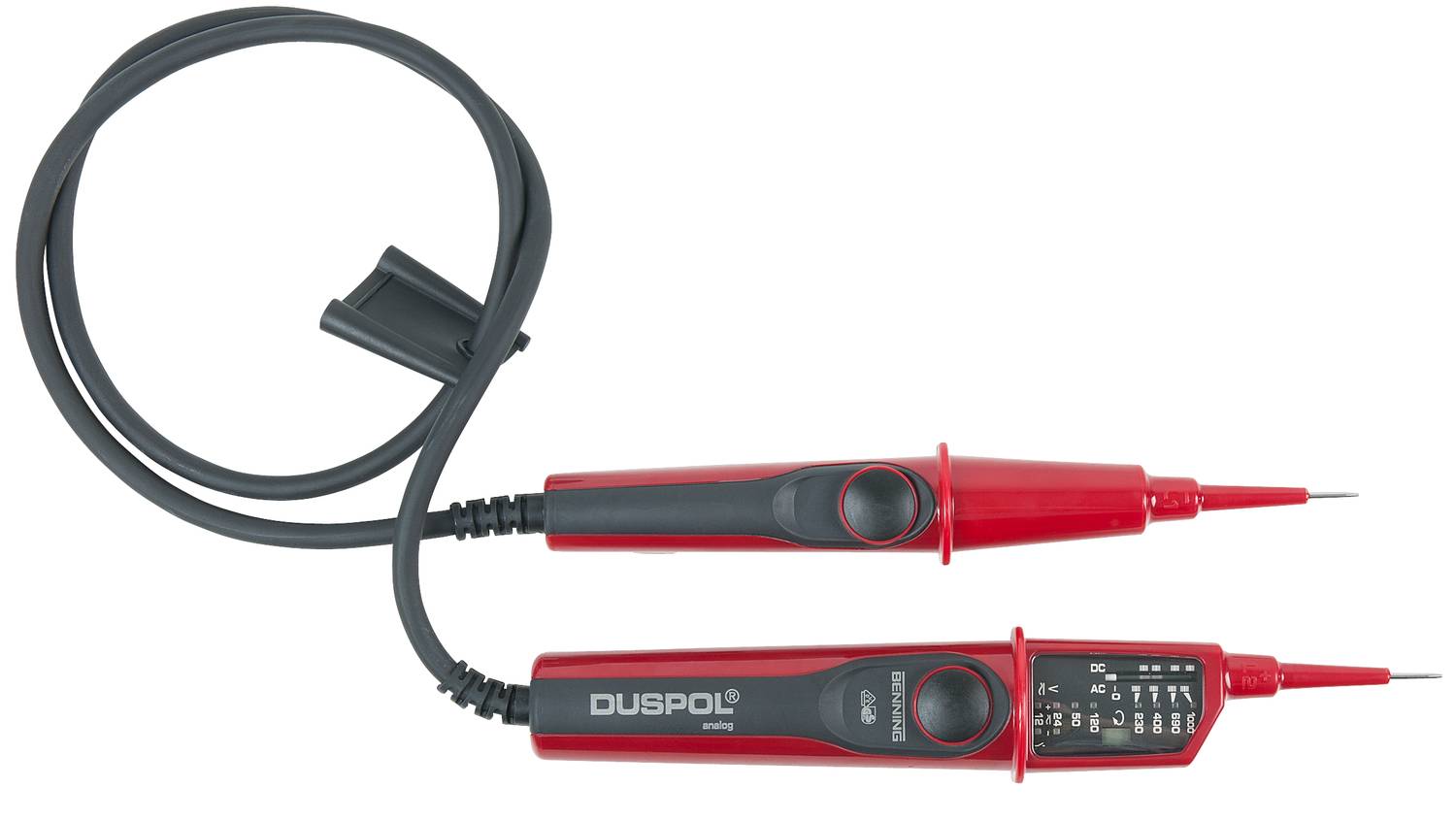 Spannungsprüfer mit zwei Sonden und schwarzem Kabel, rot-schwarze Gehäuse mit Skala und Anzeige, zur elektrischen Spannungsmessung.