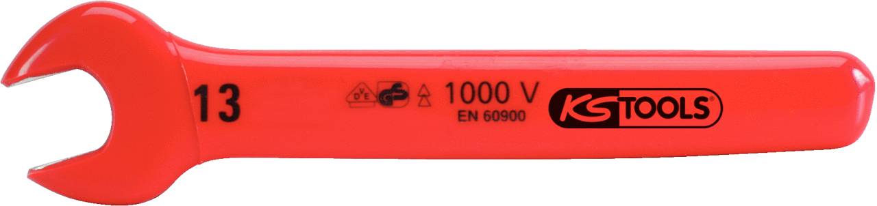 Roter, isolierter 13-mm-Gabelschlüssel von KS Tools, geeignet für Arbeiten unter Spannung bis 1000 V, gemäß EN 60900.