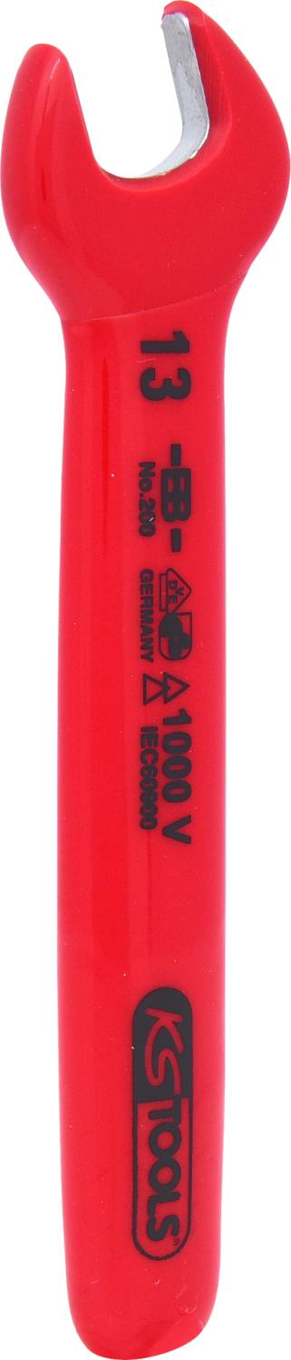 Roter isolierter Schraubenschlüssel mit 13 mm Maulweite, geeignet für Arbeiten unter Spannung bis 1000V. Markierung: 'KS tools'.
