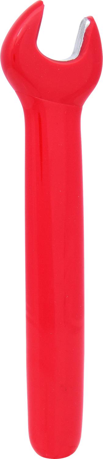 Roter Plastik-Gabelschlüssel, vorderansicht. Geeignet für leichte handwerkliche Arbeiten oder als Kinderspielzeug.