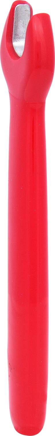 Roter Plastikflaschenöffner mit metallener Öffnung zum einfachen Entfernen von Flaschenverschlüssen.