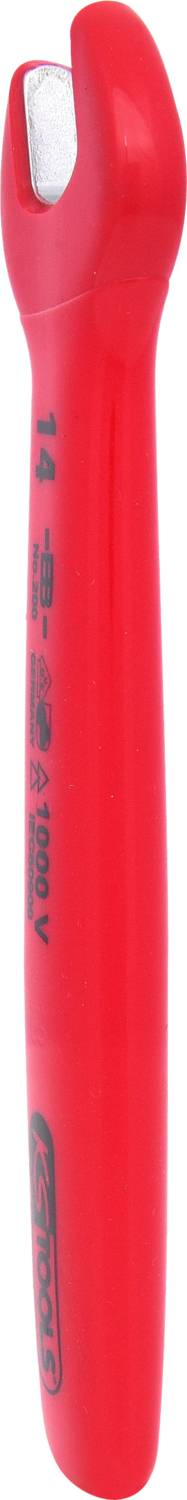 Ein rotes, isoliertes Werkzeug mit Bezeichnung '14 2010' auf dem Griff. Hauptsächlich für Arbeiten mit elektrischen Leitungen genutzt.