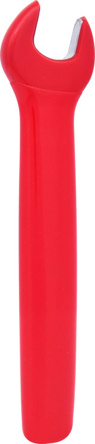 Roter Schraubenschlüssel mit offenem Maul, geeignet zum Lösen von Schrauben oder Muttern. Kunststoffgriff für verbesserten Halt.