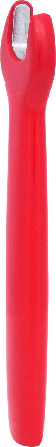 Ein roter Messerschärfer mit ergonomischem Griff und sichtbarer Schleifklinge, vertikal stehend.