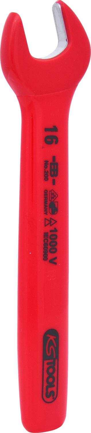 Roter isolierter Schraubenschlüssel mit der Aufschrift '16, KS Tools, 1000V', geeignet für Arbeiten an elektrischen Anlagen.