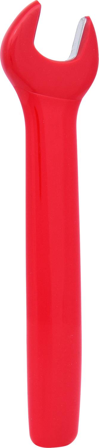 Roter Schraubenschlüssel mit glänzendem Griff, in senkrechter Position.
