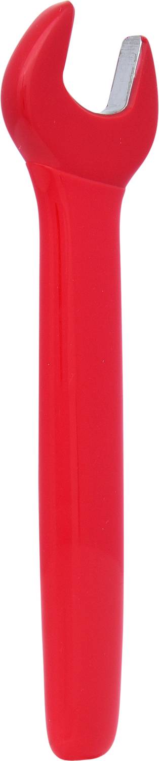Ein roter Schraubenschlüssel mit einem metallenen Ende zum Greifen von Muttern und Schrauben, vor weißem Hintergrund.