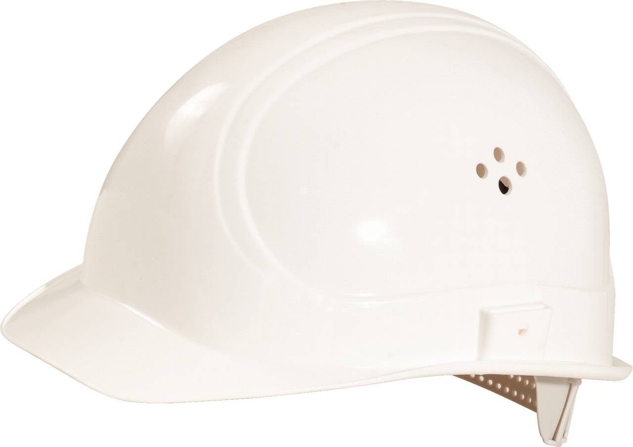 Ein weißer Bauhelm aus Kunststoff, seitlich abgebildet. Der Helm hat Lüftungslöcher und bietet Schutz auf Baustellen.