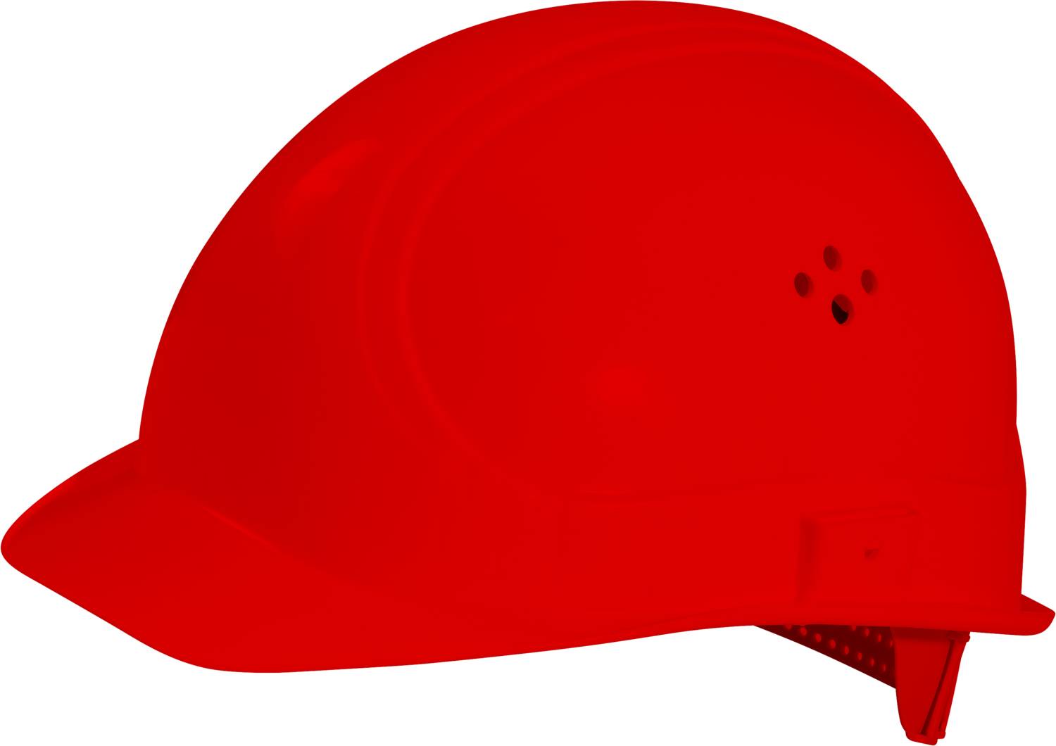 Ein roter Schutzhelm, seitlich gesehen. Der Helm hat Löcher für Belüftung und einen verstellbaren Riemen im Inneren für sicheren Sitz.