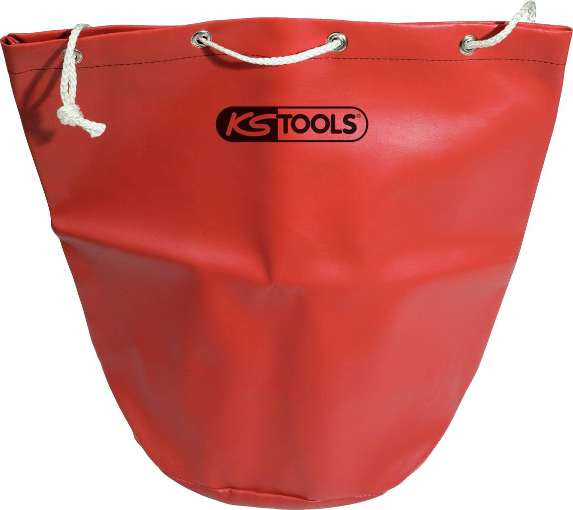 Ein roter Werkzeugbeutel mit weißem Kordelzug im oberen Bereich, darauf das Logo 'KS Tools'.