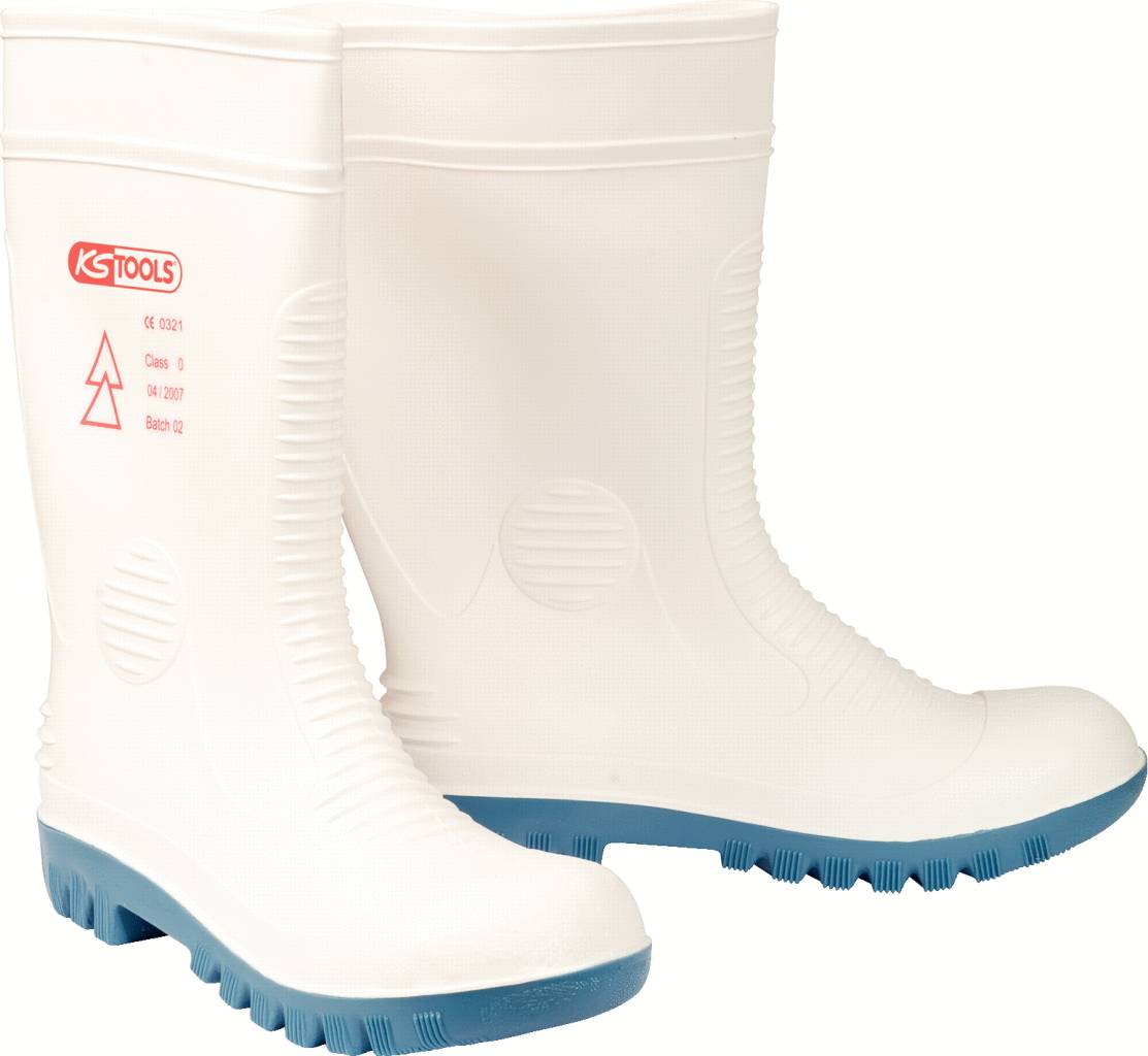 Weiße Gummistiefel mit blauer Sohle, geeignet für nasse Arbeitsumgebungen. Markenlogo und Sicherheitskennzeichnung sind sichtbar.
