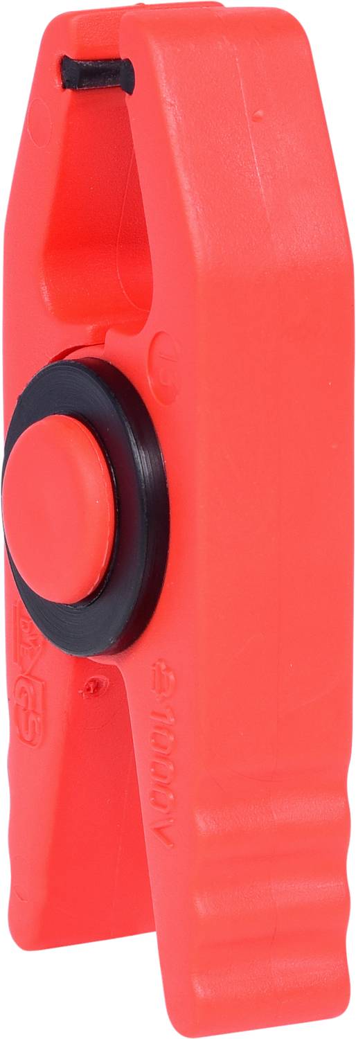 Ein orangefarbenes Kunststoff-Werkzeug mit schwarzem Druckknopf, möglicherweise ein Schneider oder Klemmenwerkzeug.